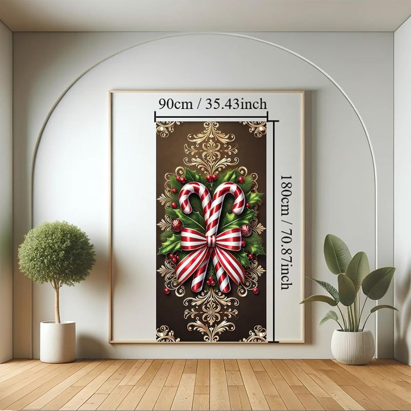 Saoplasa Christmas Door Cover Candy Cane Bow Banner 71 x 35 Inch Holiday Peppermint Stripe Wall Hanging with Holly Leaves Ornaments for Winter Wonderland Xmas Front Door Decor Photo Backdrop - Image 3